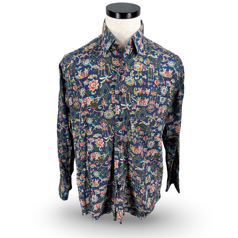 Alan‎ Flusser Mens Elephant Floral Novelty AOP Cotton Button Down Shirt Medium